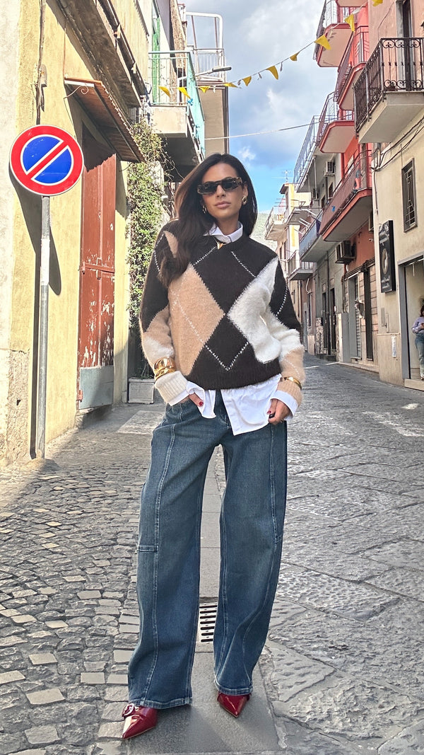 Maglia rombi marrone/ beige