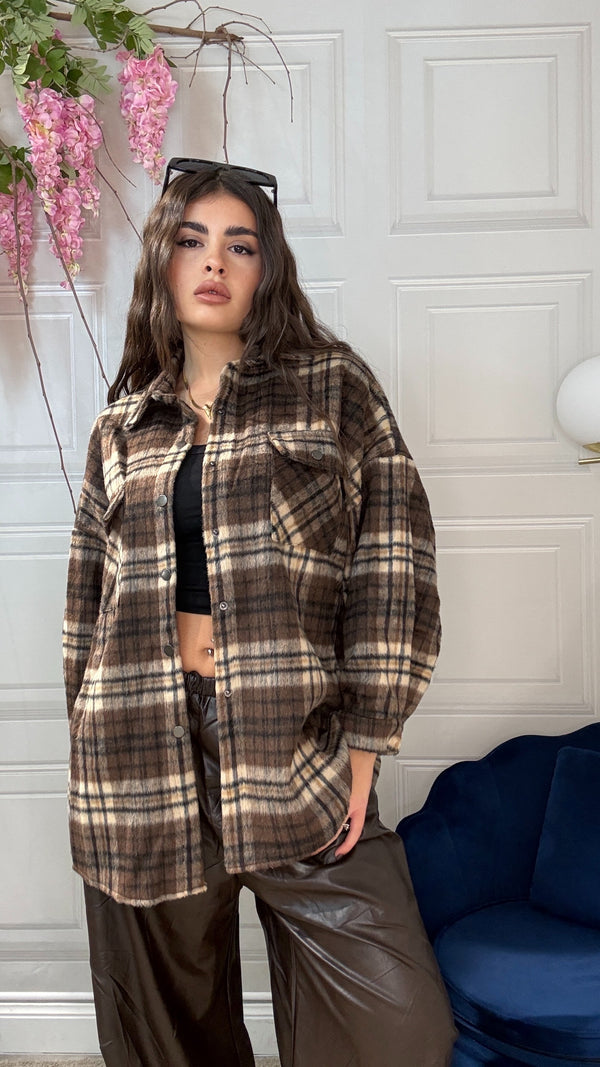 Maxi camicia in lana a quadri marrone